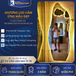 Gương Led cảm ứng, hình hạt đậu, Phôi kính Bỉ 7 lớp, Bảo Hành 3 năm